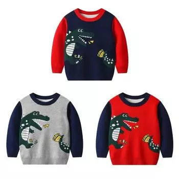 Детский свитер для мальчиков и девочек, вязаный пуловер с рисунком динозавра, круглый вырез, топ с длинными рукавами 100