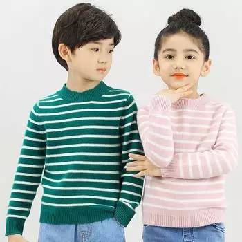 Детский свитер из 100% мериносовой шерсти для мальчиков и девочек, зимний толстый теплый шерстяной пуловер, детский осенний джемпер в полоску, кашемировые свитера, вязаный топ с круглым вырезом