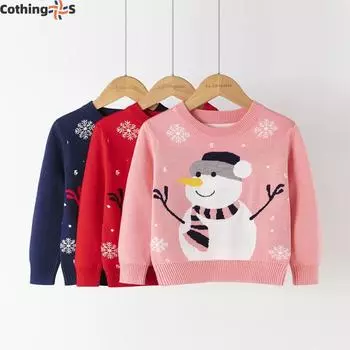 Детский свитер, новый осенне-зимний свитер со снеговиком, вязаный свитер, детская одежда 90 красный
