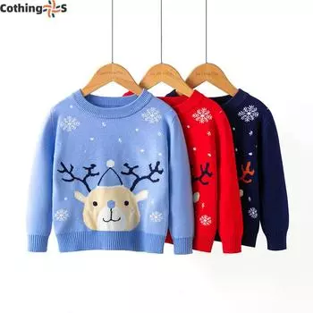 Детский свитер, новый осенне-зимний вязаный свитер с изображением оленя и снежинки для мальчиков и девочек, детская одежда 100 красный