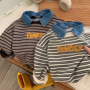 Детский свитер осенний для мальчиков маленького и среднего размера, детский полосатый джинсовый воротник, повседневный топ для малышей 90cm