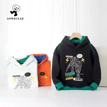 Детский свитер с капюшоном на флисовой подкладке в корейском стиле для мальчиков – Коллекция Осень/Зима 120 cm грязно-белый