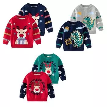 Детский свитер с круглым вырезом и длинными рукавами, детский пуловер с рисунком лося/динозавра 100