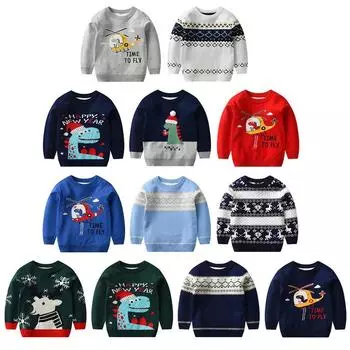 Детский свитер с круглым вырезом и принтом. Детский вязаный пуловер. Рождественский свитер. 140
