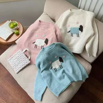 Детский свитер с милым мультяшным ягненком 2024 года, осенне-зимний вязаный топ для девочек в западном стиле 150 розовый