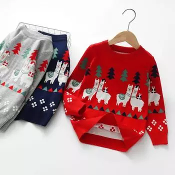 Детский свитер с рисунком альпаки, пуловер с круглым вырезом и длинными рукавами, вязаный топ 140