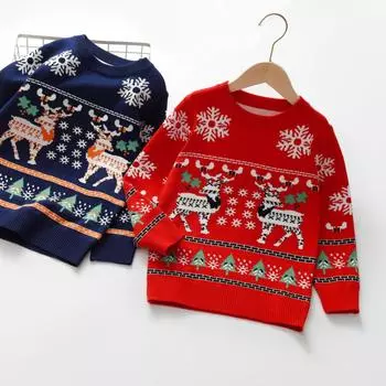 Детский свитер с рисунком оленя, пуловер с круглым вырезом и длинными рукавами, вязаный топ 130