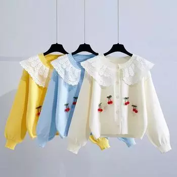 Детский свитер с воротником, маленький ароматный студенческий вязаный кардиган, женский весенне-осенний новый корейский свободный пиджак, кардиган, свитер One Size небесно-голубой