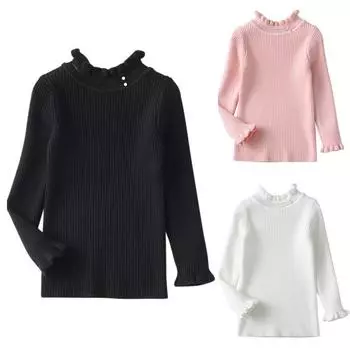 Детский свитер с высоким воротником для девочек, однотонный пуловер в вертикальную полоску, топ 130