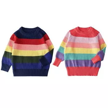 Детский свитер в радужную полоску, вязаный пуловер с длинными рукавами 110