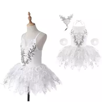 Детский танцевальный костюм балерины для девочек, балетный трико с лебедем, танцевальное платье-пачка с браслетами, головной убор 3-4 Years белый