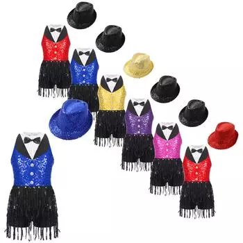 Детский танцевальный костюм для латинского танго, джаза, румбы, костюм из двух предметов для уличных танцев, черлидинга, комбинезон с блестками и шляпой, детский танцевальный конкурс 5-6 Years чёрный/красный