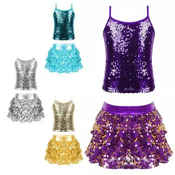 Детский танцевальный наряд из двух предметов для девочек, блестящие топы на бретельках с блестками и многоярусные шорты с юбкой с рюшами, шорты-кюлоты 5-6 Years серебряный