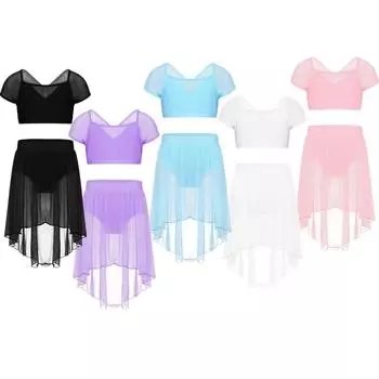 Детский танцевальный наряд из двух предметов для девочек, сетчатая юбка, укороченный топ с высокой низкой юбкой, комплект 8-10 Years белый