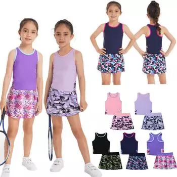 Детский теннисный костюм без рукавов для девочек из 2 предметов, футболка с надписью Racer Back, топ и юбка с эластичной резинкой на талии со встроенными шортами, комплект для бега в тренажерном зале, теннис, гольф, спортивная одежда 5-6 Years фиолетовый
