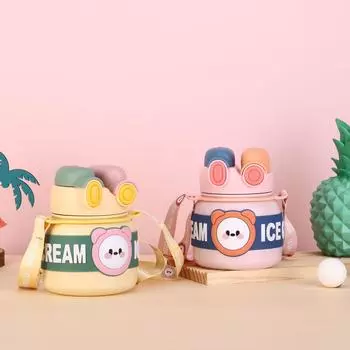 Детский термос из нержавеющей стали 316, большой емкости с героями мультфильмов, двойные чашки для питья с ремнями, портативный спортивный горшок для улицы 850ml зелёный