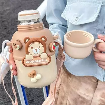Детский термос с милым медведем, бутылка для воды из нержавеющей стали 316 для девочек, изолированная чашка, студенческий портативный дорожный термочайник Without 3D Stickers