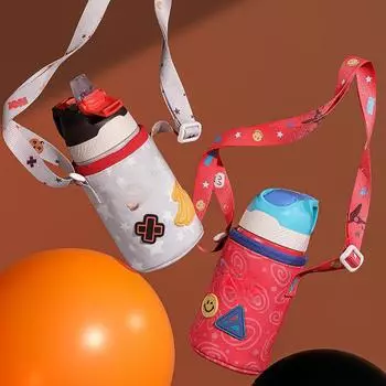 Детский термос с ремешком из нержавеющей стали 316. Детские чашки для питья с трубочкой для мальчиков и девочек. 301-400ml красный