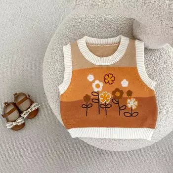Детский топ без рукавов с вышивкой цветов, осенний вязаный топ для девочек, модный жилет для малышей bafanou 83412 66cm(3-6M)