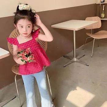 Детский топ для девочек, футболка с квадратным вырезом и шнуровкой на спине с летающими рукавами 13