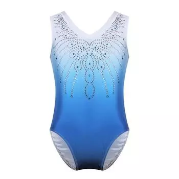 Детский топ на бретельках для девочек, балетный гимнастический купальник, блестящие стразы, v-образный вырез, танцевальный комбинезон, боди 10-12 Years синий