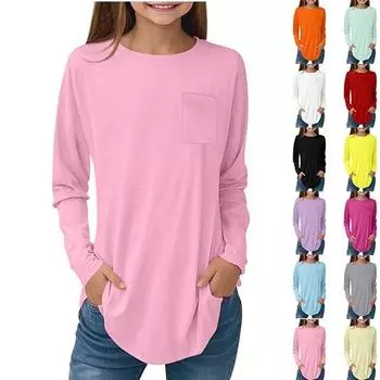 Детский топ с длинными рукавами и круглым вырезом, однотонный, повседневный 110 бежевый