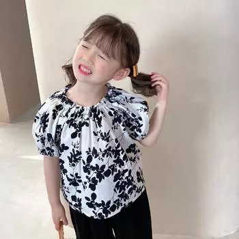 Детский топ с пышными рукавами для девочек, детская блузка с короткими рукавами и принтом листьев 11