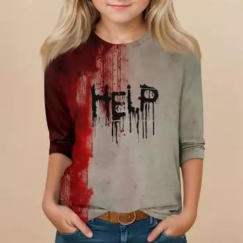 Детский топ с рукавом 3/4 и круглым вырезом, с принтом на Хэллоуин, повседневный 130