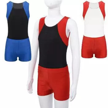 Детский трико без рукавов с круглым вырезом для мальчиков, комбинезон с шортами, комплект для соревнований по гимнастике, йоге 5-6 Years красный