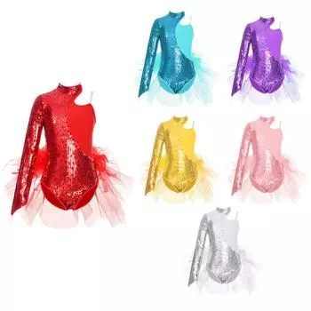Детский трико с блестящей тюлевой юбкой и блестками для девочек, асимметричное боди с длинными рукавами и плечами, танцевальный костюм 5-6 Years красный