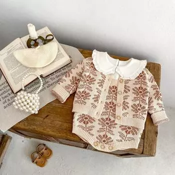 Детский трикотажный комбинезон для девочки из хлопка с цветочным принтом, кардиган на пуговицах для новорожденных, жаккардовый комбинезон, симпатичный детский комбинезон, комплекты bafanou 86182 73cm(6-12M) абрикосовый