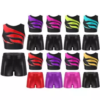 Детский укороченный топ без рукавов цвета металлик с круглым вырезом и блестящими стразами для девочек и шорты для танцевальных тренировок и занятий спортом 5-6 Years красный/чёрный