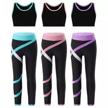 Детский укороченный топ без рукавов для девочек с леггинсами с цветными блоками, спортивная одежда для джазовых танцев, катания на коньках и тренировок 5-6 Years озеро зеленый