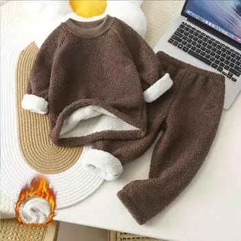 Детский утепленный комплект из меха для дома, детская зимняя пижама из плюша и утолщенного овечьего бархата для мальчиков и девочек 90cm бежевый