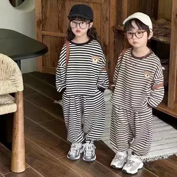 Детский весенне-осенний милый полосатый костюм с круглым вырезом и длинными рукавами с изображением медведя + спортивные штаны, комплект из двух предметов 130