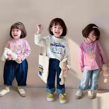 Детский весенне-осенний повседневный пуловер с длинными рукавами и круглым вырезом с принтом в картонной упаковке, футболка, топы для девочек 90cm