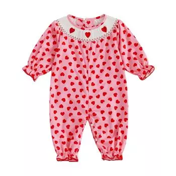 Детский весенний комбинезон с длинными рукавами и круглым вырезом с принтом в виде сердца, присборенный комбинезон для малышей, осенний наряд для малышей 12-18 Months розовый