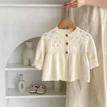 Детский вязаный однотонный кардиган на пуговицах для младенцев, пальто с длинными рукавами для девочек, ажурная хлопковая трикотажная одежда bafanou 83452 66cm(3-6M) бежевый