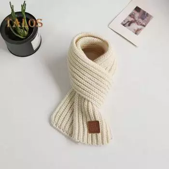 Детский вязаный шарф, однотонный, утолщенный, теплый, вязаный шарф с этикеткой из искусственной кожи, универсальная повседневная одежда бежевый