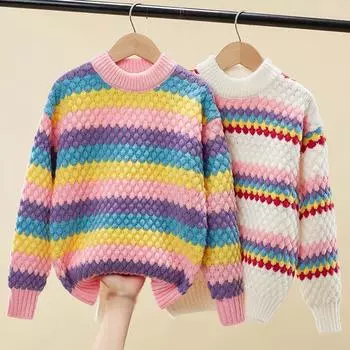 Детский вязаный свитер, пуловер в радужную полоску 160