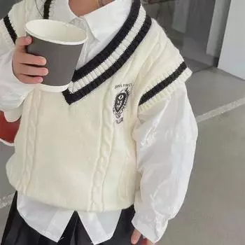 Детский вязаный жилет в студенческом стиле: Осенне-зимний свитер для мальчиков и девочек 90 белый