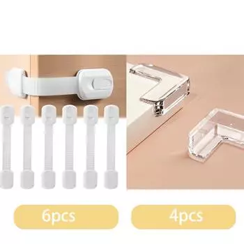 Детский замок для ящика, предохранительный замок 6 шт. + детский уголок для предотвращения столкновений, прозрачный угол для предотвращения ударов, защитный чехол для предотвращения столкновений, 4 шт. 10 pieces/pack белый