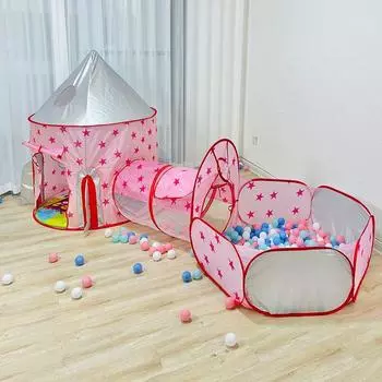 Детский замок-тоннель из трех частей с бассейном с океанскими шариками Pink Castle three-piece set