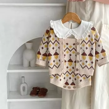 Детский жаккардовый трикотажный комплект одежды для младенцев, кардиган на пуговицах, слинг, комбинезон для маленьких девочек, хлопковый комбинезон, комплекты bafanou 86156 66cm(3-6M) абрикосовый