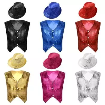 Детский жилет без рукавов для мальчиков и девочек с блестящими пайетками и пуговицами, жилет и шапка для джазового танца на сцене 3-4 Years ярко-розовый