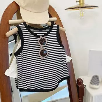 Детский жилет для девочек, летний детский топ без рукавов с круглым вырезом в черно-белую полоску 130