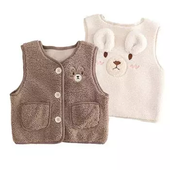 Детский жилет из овечьей шерсти, пальто для девочек и мальчиков, осенне-зимний детский жилет, флисовый теплый милый медведь, детская верхняя одежда, одежда 90 бежевый