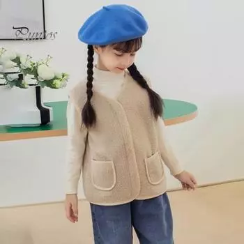 Детский жилет осень-зима с v-образным вырезом, теплый флисовый ветрозащитный жилет с двумя карманами на молнии, повседневный однотонный детский жилет без рукавов для мальчиков и девочек, топ 110cm хаки