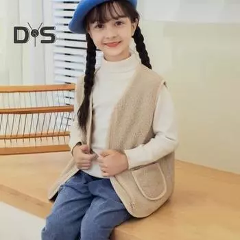 Детский жилет осень-зима с v-образным вырезом, теплый флисовый ветрозащитный жилет с двумя карманами на молнии, повседневный однотонный детский жилет без рукавов для мальчиков и девочек, топ 110cm хаки