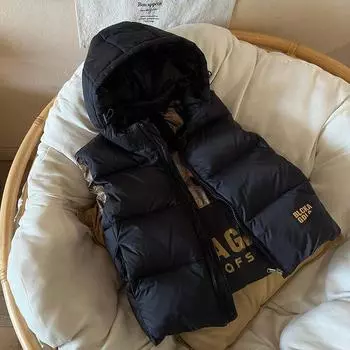 Детский жилет осенне-зимний короткий жилет с капюшоном повседневный утепленный теплый детская одежда 120cm чёрный